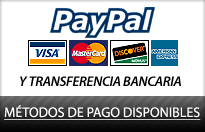 Metodos de pago disponibles: Paypal, Tarjeta de credito y Transferencia bancaria