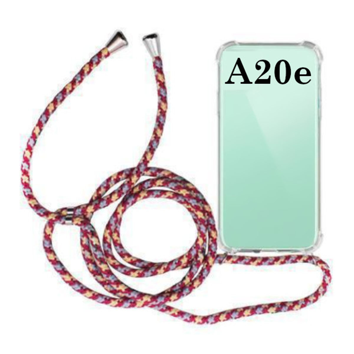 FUNDA COLGANTE TRANSPARENTE CON CUERDA ROJO BURDEOS Y AZUL PARA SAMSUNG GALAXY A20E |