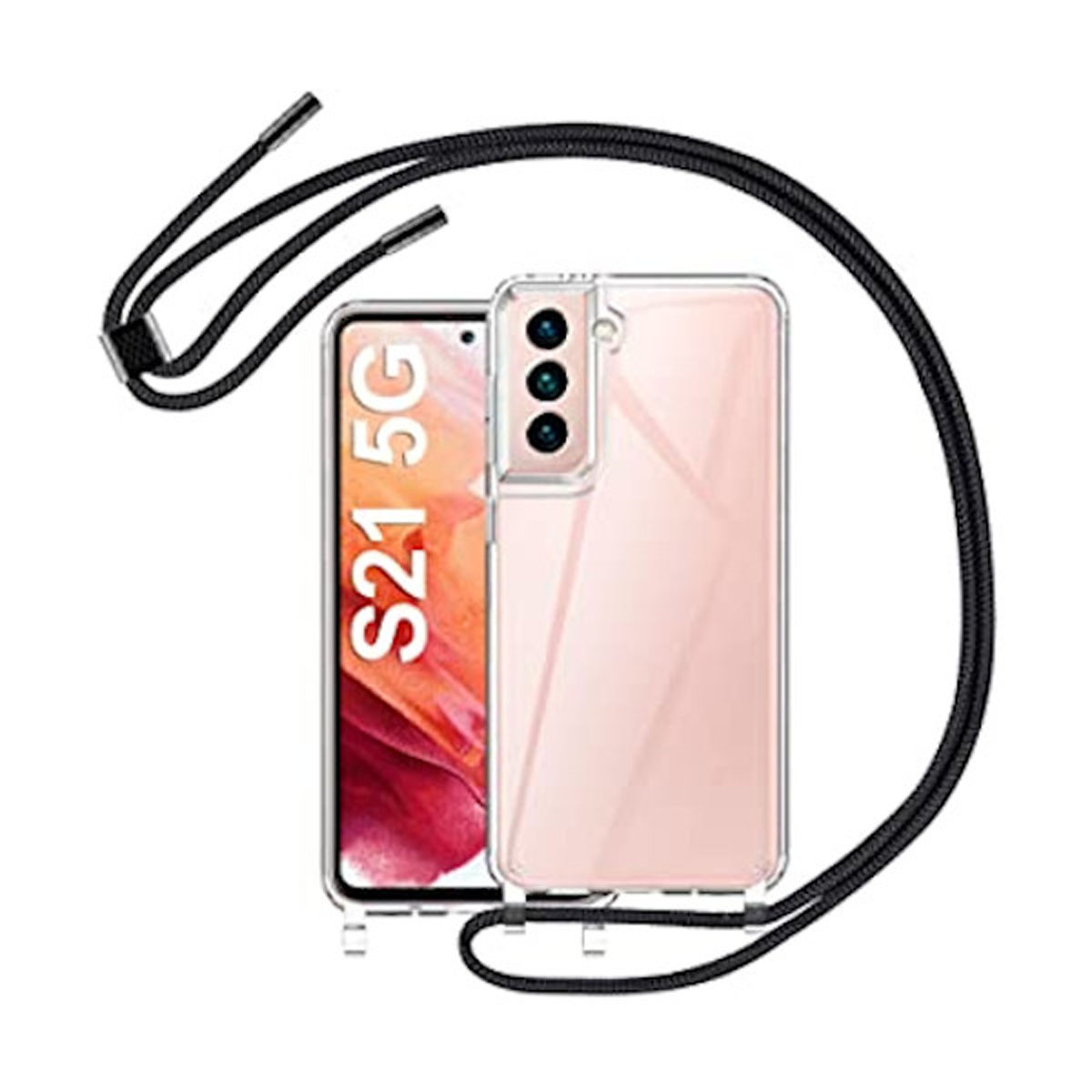 FUNDA COLGANTE DE SILICONA TRANSPARENTE CON CUERDA NEGRA PARA SAMSUNG GALAXY S21 |