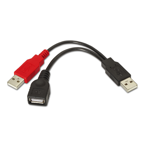 Cable USB 2.0 + Alimentación. Tipo A/M + A alimentación/M-A/H. Negro. 15cm.