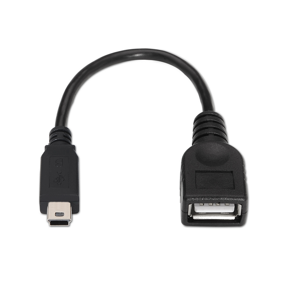 Cable USB OTG. Tipo Mini-B Macho/Tipo-A Hembra. Negro. 15cm.