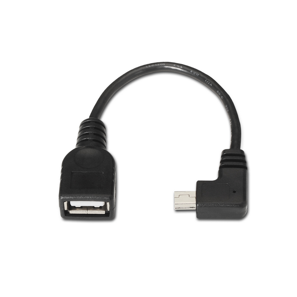 Cable USB OTG Acodado. Tipo Mini-B Macho/Tipo-A Hembra. Negro. 15cm.