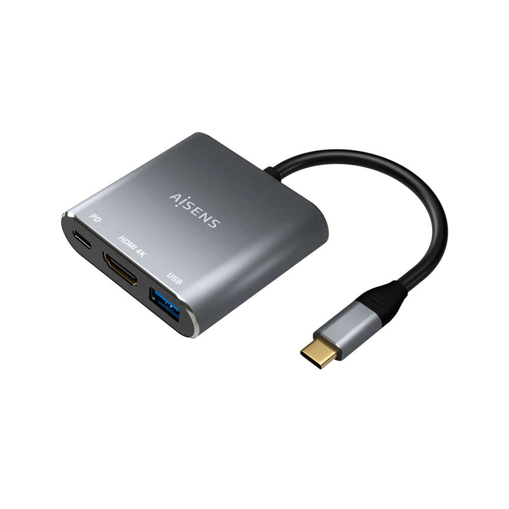 Conversor USB-C a HDMI/USB-C/Tipo A USB 3.0. 3 en 1. Gris. 15cm