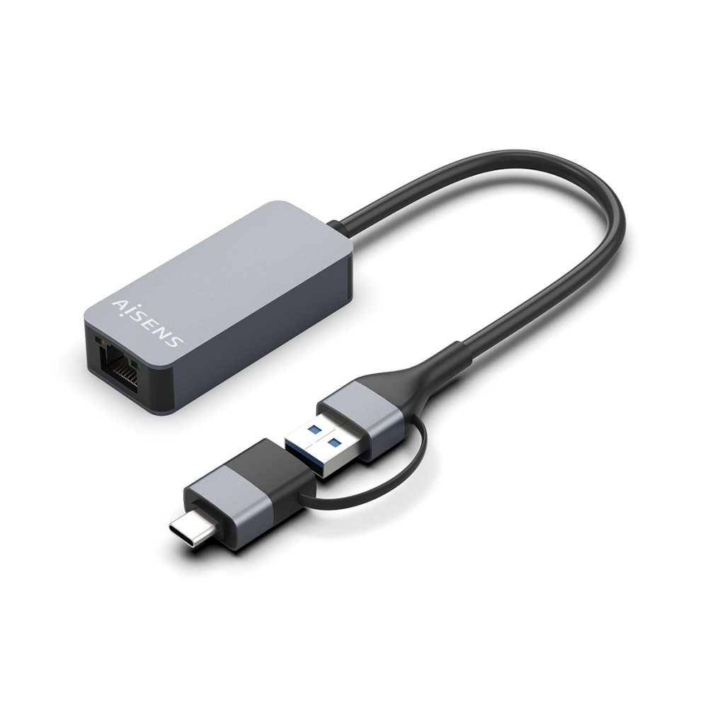 Conversor USB3.2 Gen1 USB-A+USB-C a Ethernet 2.5G 10/100/1000/2500 Mbps. Gris. 15cm