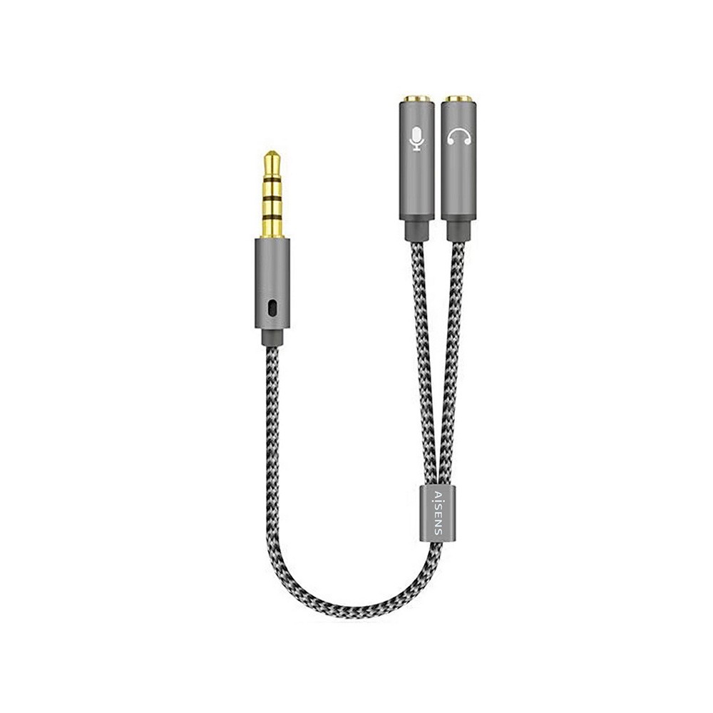 Cable adaptador audio. Jack 3.5 4 pines/M-2xJack 3.5 3 pines/H. Gris. 25cm