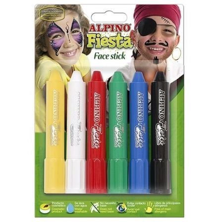 SET DE 6 UNIDADES DE MAQUILLAJE ALPINO FIESTA FACE STICK 5GRS - ROJO, AMARILLO, BLANCO, VERDE, AZUL Y NEGRO