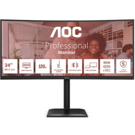 MONITOR PROFESIONAL ULTRAPARONAMICO CURVO AOC CU34E4CV 34"/ WQHD/ MULTIMEDIA/ REGULABLE EN ALTURA/ NEGRO