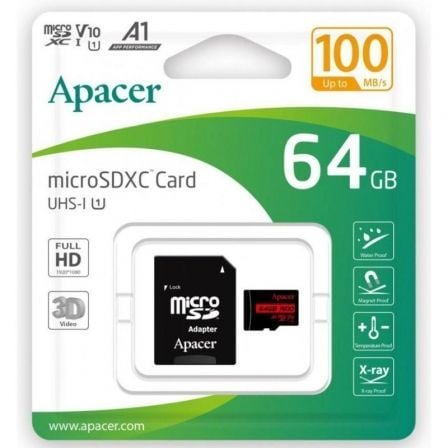 TARJETA DE MEMORIA APACER 64GB XC UHS 1 CON ADAPTADOR/ CLASE 10/ 100MBS