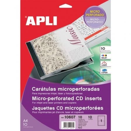 CARATULAS MICROPERFORADAS CD/DVD APLI 10607/ FRONTAL Y DORSO/ 10 HOJAS