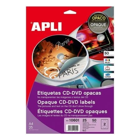 ETIQUETAS ADHESIVAS PARA CD/DVD APLI 10601/ 117 X 18MM/ 25 HOJAS