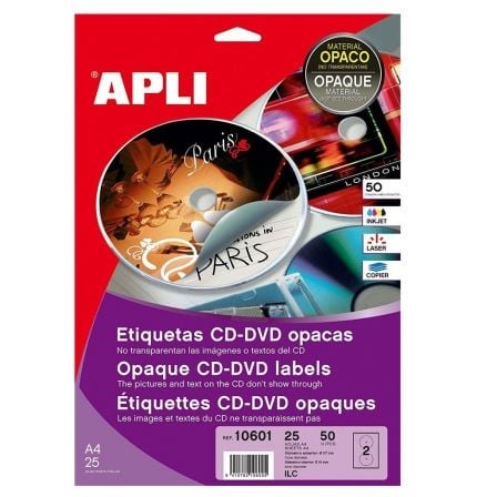 ETIQUETAS ADHESIVAS PARA CD/DVD APLI 11704/ 117 X 18MM/ 100 HOJAS