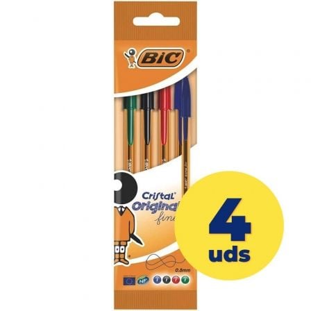 BOLIGRAFOS DE TINTA DE ACEITE BIC CRISTAL ORIGINAL FINE 872725/ 4 UNIDADES/ COLORES SURTIDOS