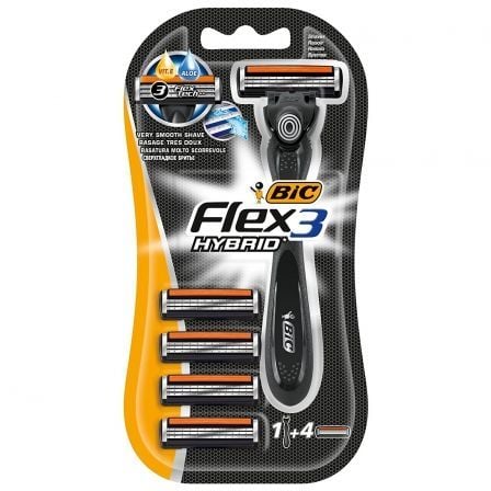 BLISTER DE 1 CUCHILLA + 4 RECAMBIOS DE BIC FLEX3 HYBRID - 3 HOJAS MOVILES CON VITAMINA E Y ALOE