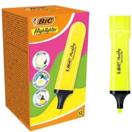 CAJA DE MARCADORES FLUORESCENTES BIC HIGHLIGHTER FLAT NEON/ 12 UNIDADES/ AMARILLOS