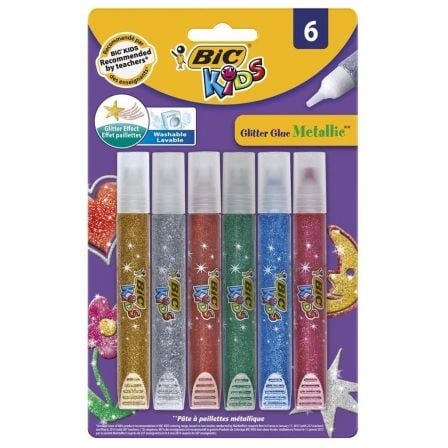 PEGAMENTO CON PURPURINA DE COLORES METALICOS BIC - 6 COLORES  - LAVABLE | Manualidades