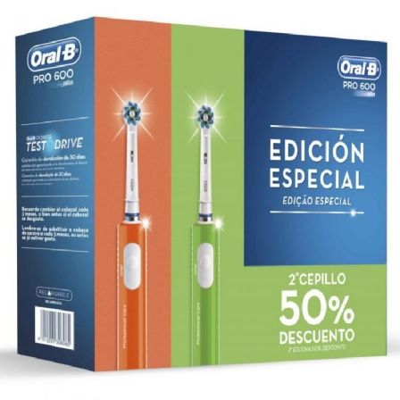 PACK 2 CEPILLOS DENTALES BRAUN ORAL-B PRO600 DUPLO - VERDE + NARANJA - LIMPIEZA 3D ACTION - 2*CABEZALES - TEMPORIZADOR 2MIN - BA