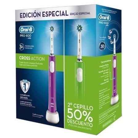 PACK 2 CEPILLOS DENTALES BRAUN PRO 600 CROSSACTION - TECNOLOGIA 3D - LILA Y VERDE