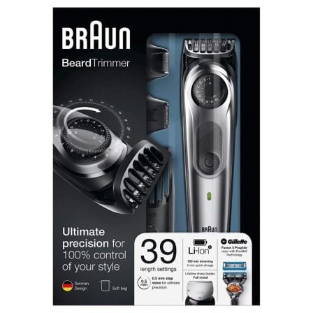 AFEITADORA RECORTADORA BRAUN BEARD TRIMMER BT7020 NEGRO - 2 PEINES - 39 AJUSTES DE LONGITUD - LAVABLE - BATERIA - INCLUYE MAQUIN