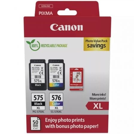 CARTUCHO DE TINTA ORIGINAL CANON PG-575XL + CL576XL MULTIPACK ALTA CAPACIDAD/ NEGRO/ TRICOLOR + PAPEL FOTOGRAFICO