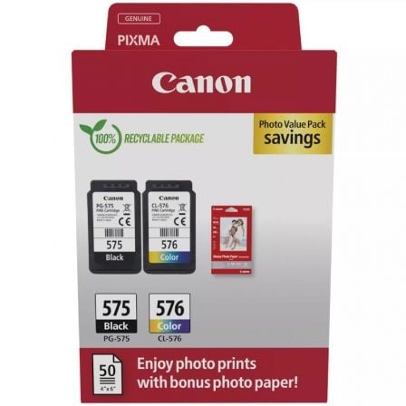 CARTUCHO DE TINTA ORIGINAL CANON PG-575 + CL-576 MULTIPACK/ NEGRO/ TRICOLOR + PAPEL FOTOGRAFICO