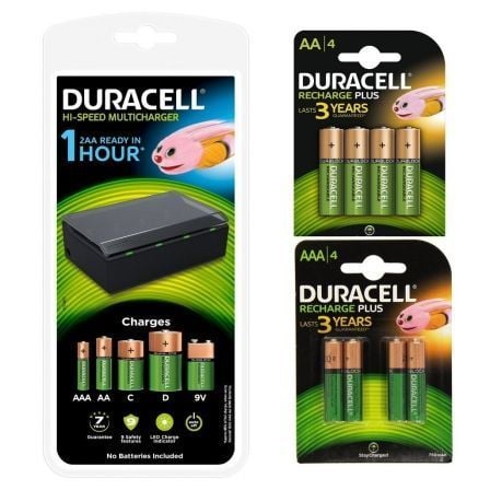 BUNDLE CARGADOR DE PILAS DURACELL CEF22 - COMPATIBLE AA/AAA/C/D/9V - LED DE ESTADO - AUTO OFF + 4 PILAS AA 1300MAH + 4 PILAS AAA