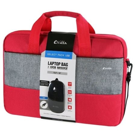 MALETIN + RATON USB E-VITTA SELECT PACK ROJO - PARA PORTATILES HASTA 15.4"-16"/ 39.1-40.6 CM - RATON 1200 DPI - INTERIOR ACOLCHA