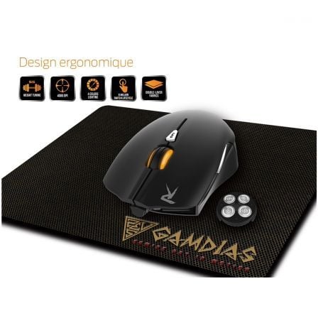 KIT GAMING GAMDIAS OUREA E1 - RATON OPTICO OUREA 400DPI - ILUMINACION 4 COLORES - AJUSTE DE PESO - USB + ALFOMBRILLA TEJIDO DOBL