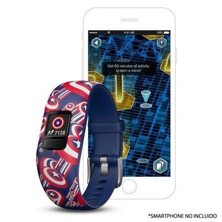 PULSERA CUANTIFICADORA INFANTIL GARMIN VIVOFIT JR 2 CAPITAN AMERICA - PANTALLA COLOR - BT - BATERIA HASTA 1 ANO - COMP. ANDROID/