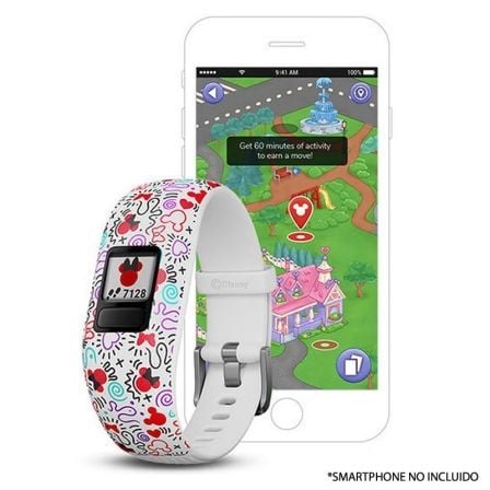 PULSERA CUANTIFICADORA INFANTIL GARMIN VIVOFIT JR 2 MINNIE MOUSE BLANCO - PANTALLA COLOR - BT - BATERIA HASTA 1 ANO - COMP. ANDR