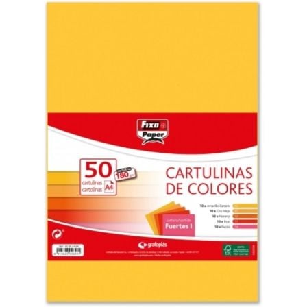 PACK 50 CARTULINAS GRAFOPLAS FIXO PAPER 00001494/ DIN A4/ 180G/ COLORES FUERTES | Manualidades