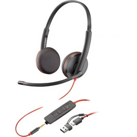 AURICULARES POLY BLACKWIRE 3225 + 3.5 MM + ADAPTADOR USB-C/A/ CON MICROFONO/ JACK 3.5 - USB TIPO-C/ BULK/ NEGROS