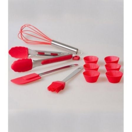 SET 10 UTENSILIOS DE REPOSTERIA JOCCA 1983 - INCLUYE ESPATULA/PINZAS/6 MOLDES MAGDALENAS/BATIDORA Y PINCEL SILICONA - MANGO ACER