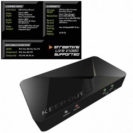 CAPTURADORA DE VIDEO KEEP-OUT HD STREAMING VIDEO CAPTURE - GRABA 1080P - ENTRADA HDMI Y VIDEO POR COMPONENTES - USB/SD/MICROFONO