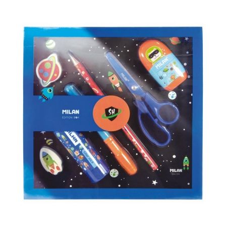 CAJA DE REGALO MILAN BOX SUPER HEROES SPACE AZUL - CONTIENE LAPIZ + BOLIGRAFO + BARRA PEGAMENTO + TIJERAS + AFILABORRA | Estuche, plumier y portalapices