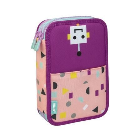 PLUMIER DOS PISOS CON CONTENIDO MILAN HAPPY BOTS LILA - 2 GOMAS - 1 SACAPUNTAS - 1 LAPIZ - 1 BOLI - 1 REGLA - 12 LAPICES COLORES | Estuche, plumier y portalapices