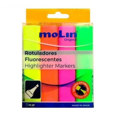 MARCADORES FLUORESCENTES MOLIN ORIGINAL RTF240-04B/ 4 UNIDADES/ COLORES SURTIDOS