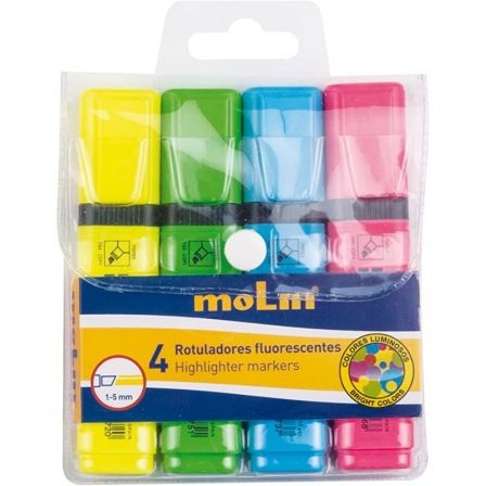 MARCADORES FLUORESCENTES MOLIN RTF240-04W/ 4 UNIDADES/ COLORES SURTIDOS