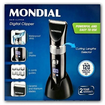 CORTAPELOS INALAMBRICO MONDIAL DIGITAL CLIPPER CR-07 - 6 PEINES DE CORTE - CUCHILLAS CERAMICA Y TITANIO - WATERPROOF IPX5 - BATE