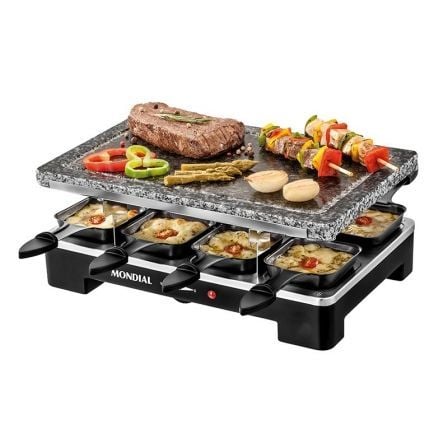 PLANCHA DE PIEDRA GRILL+RACLETTE MONDIAL SG-01 LE GOURMET - 1400W - TERMOSTATO ALTA PRECISION - 8 SARTENES - BASE PARA SARTENES