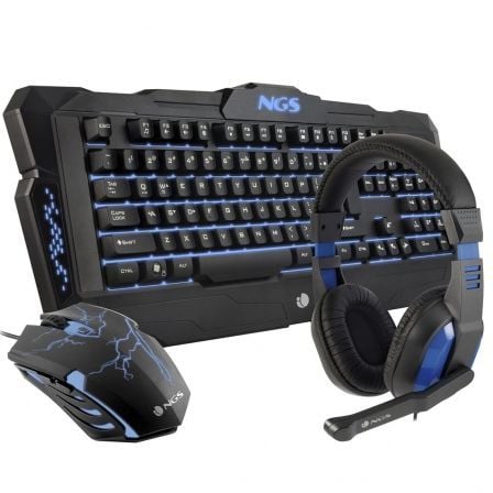 PACK GAMING NGS GBX-1000 TECLADO USB CON ILUMINACION AZUL + RATON USB 6 BOTONES 800-2400 DPI ILUMINACION AZUL - AURICULARES ESTE