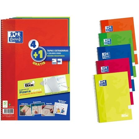 CUADERNOS CON ESPIRAL CUADRICULADOS + PIZARRAS BLANCAS OXFORD 400122761/ A4+/ 80 HOJAS/ 5 UNIDADES/ VERDE/ AMARILLO/ NARANJA/ AZ | Espiral